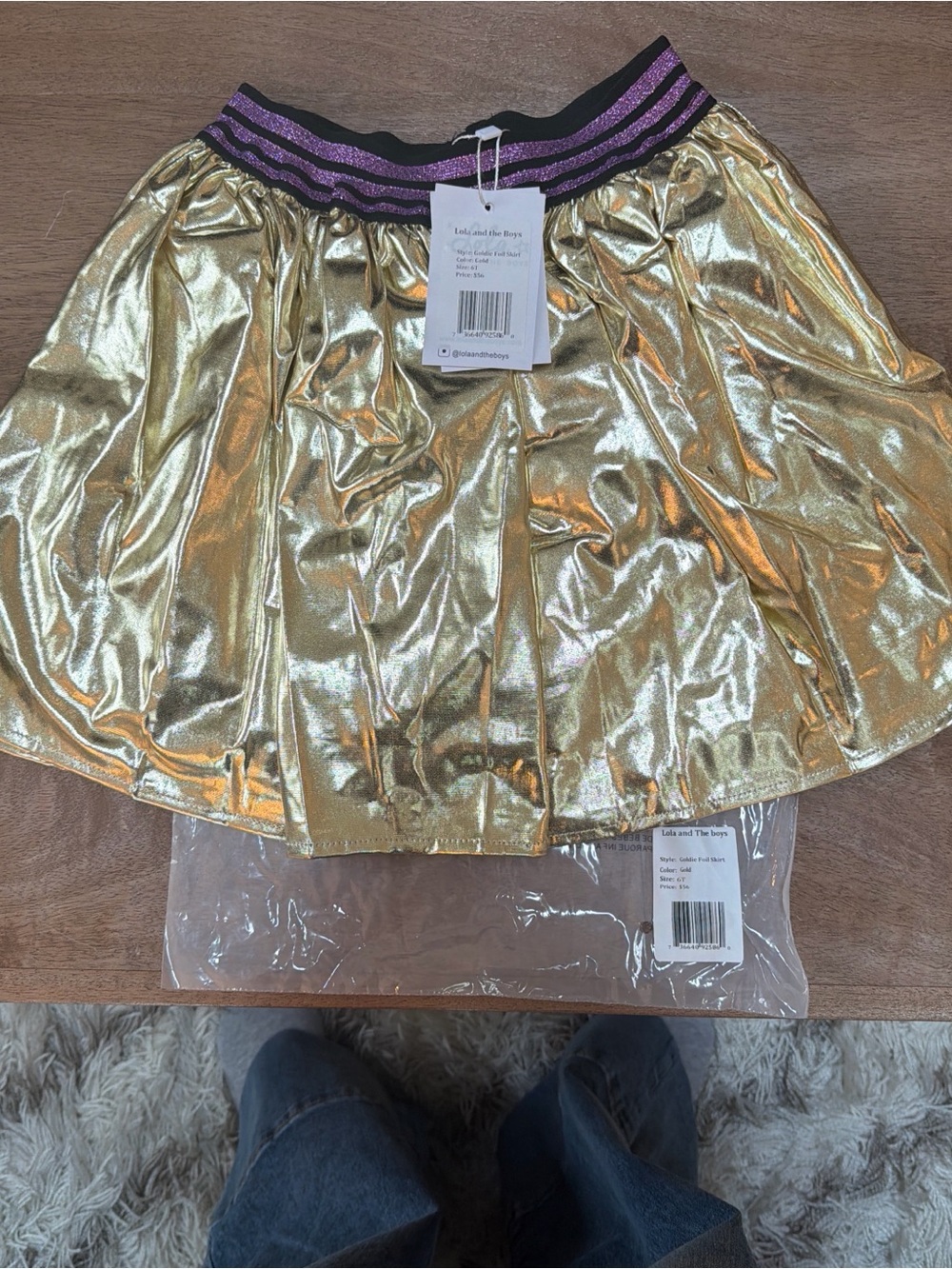 Lola + The Boys Gold Metallic Skater Skirt with Purple Waistband